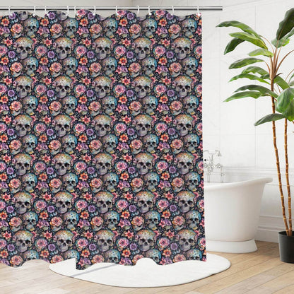 Pastel Floral and Skulls Bathroom Four-Piece Set(Shower Curtain + Toilet Cover Mat + Toilet Foot Mat + Floor Mat)| Polyester - DeRose Seasonal