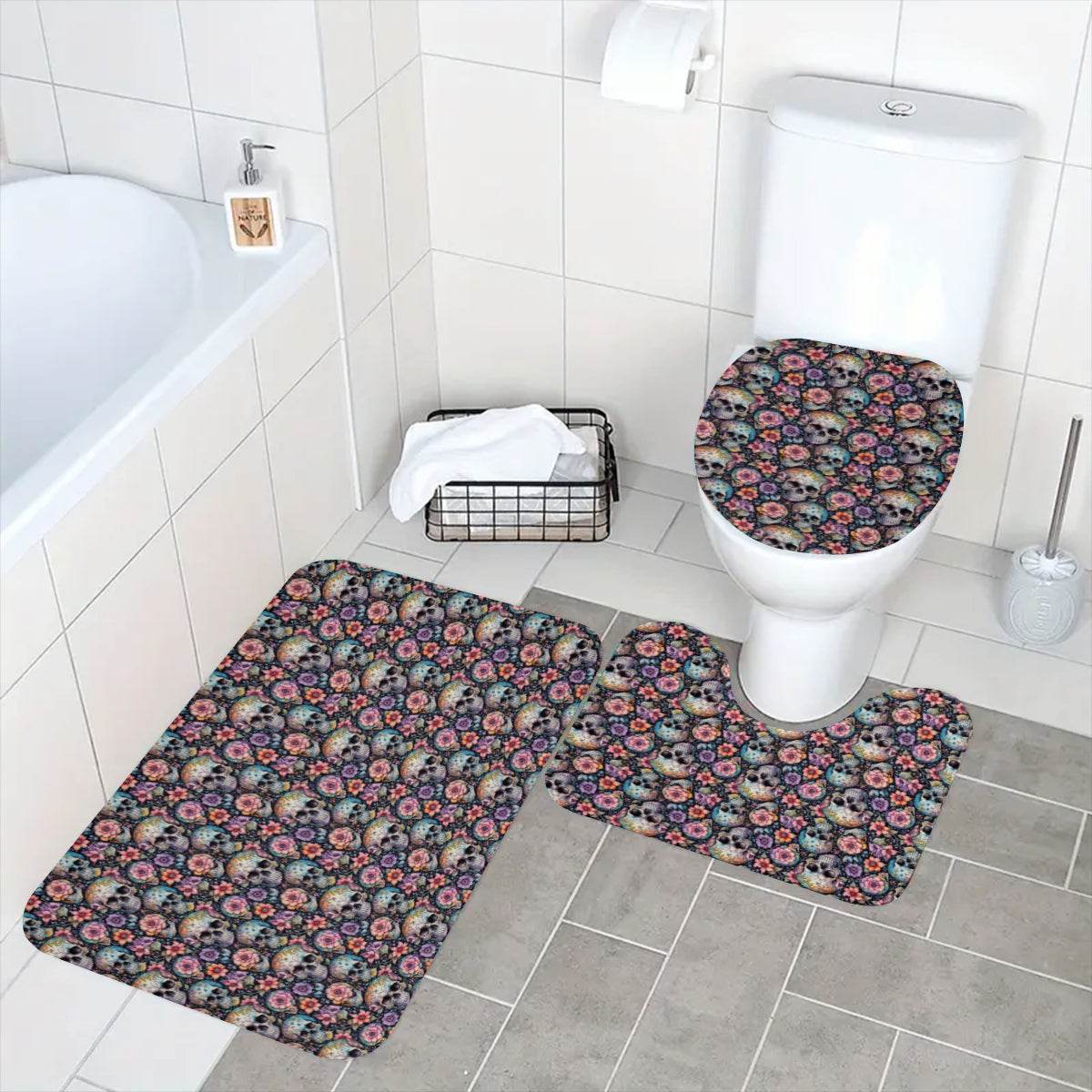 Pastel Floral and Skulls Bathroom Four-Piece Set(Shower Curtain + Toilet Cover Mat + Toilet Foot Mat + Floor Mat)| Polyester - DeRose Seasonal