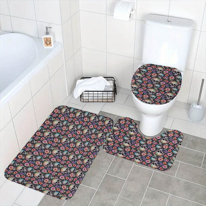 Pastel Floral and Skulls Bathroom Four-Piece Set(Shower Curtain + Toilet Cover Mat + Toilet Foot Mat + Floor Mat)| Polyester - DeRose Seasonal