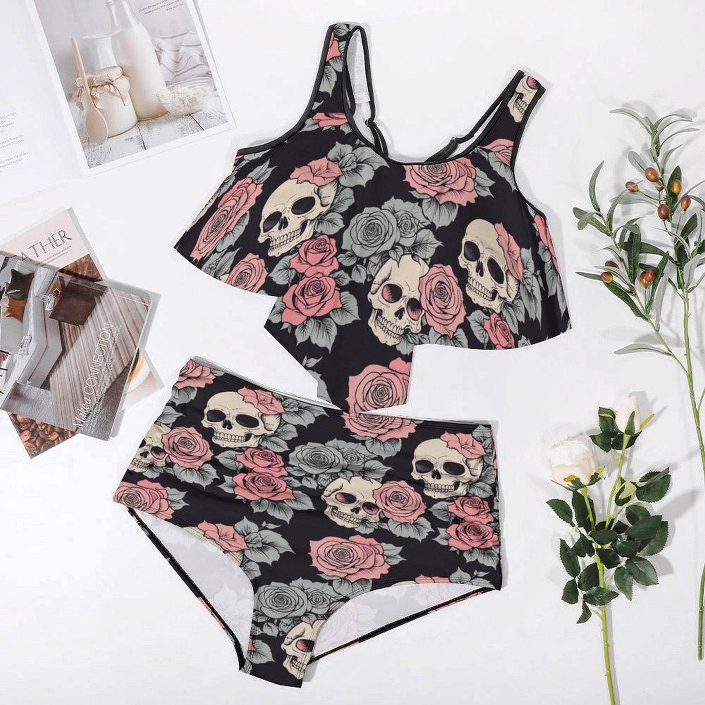 Plus Size Skull and Pink Rose Two-piece Swimsuit - DeRose Seasonal