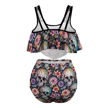 Plus Size Pastel Floral and Skulls Two-piece Swimsuit - DeRose Seasonal