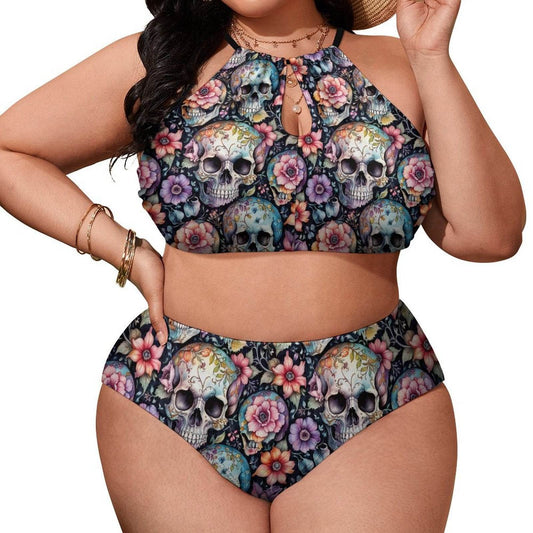 Plus Size Pastel Floral and Skulls Two-piece Swimsuit - DeRose Seasonal