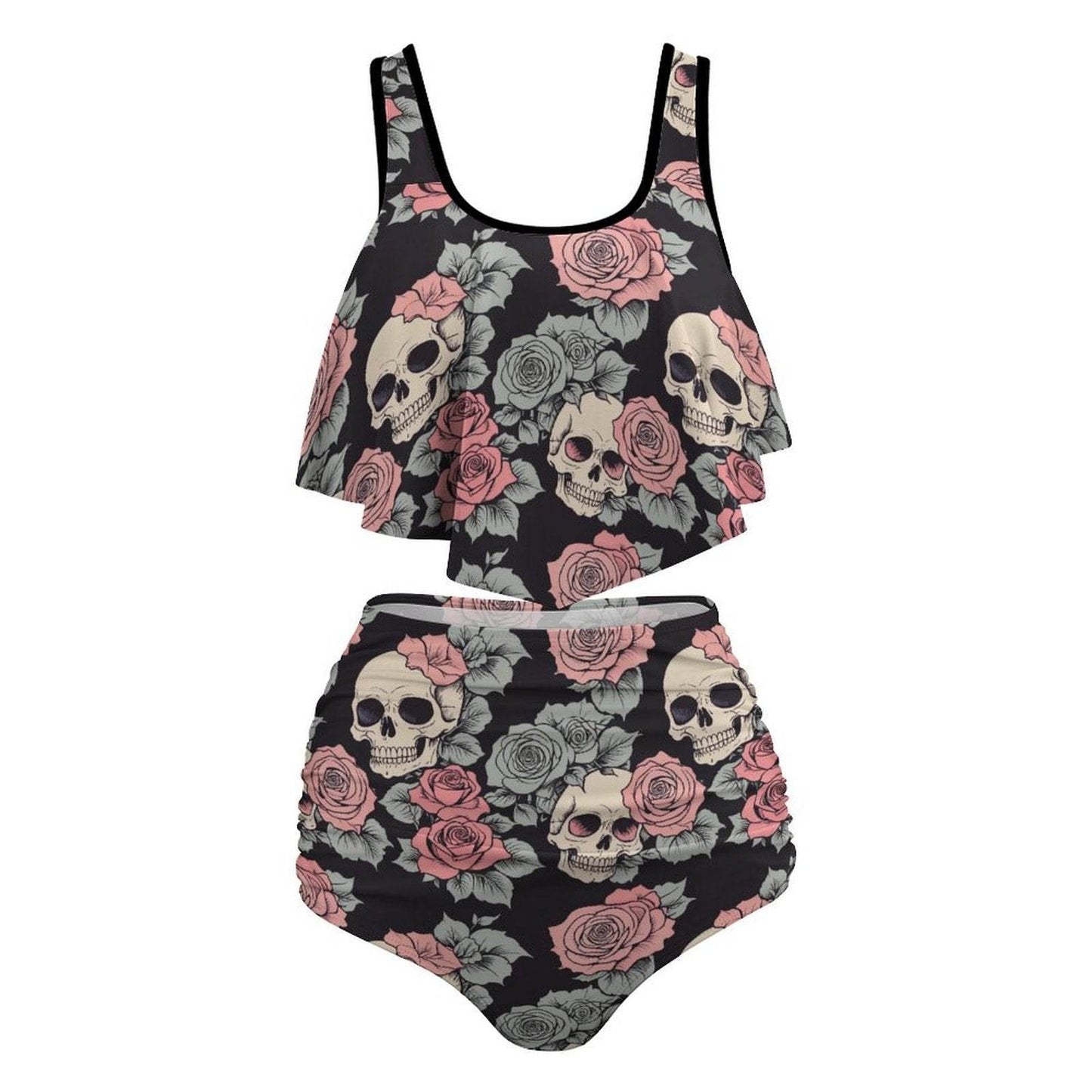 Plus Size Skull and Pink Rose Two-piece Swimsuit - DeRose Seasonal