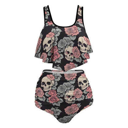 Plus Size Skull and Pink Rose Two-piece Swimsuit - DeRose Seasonal