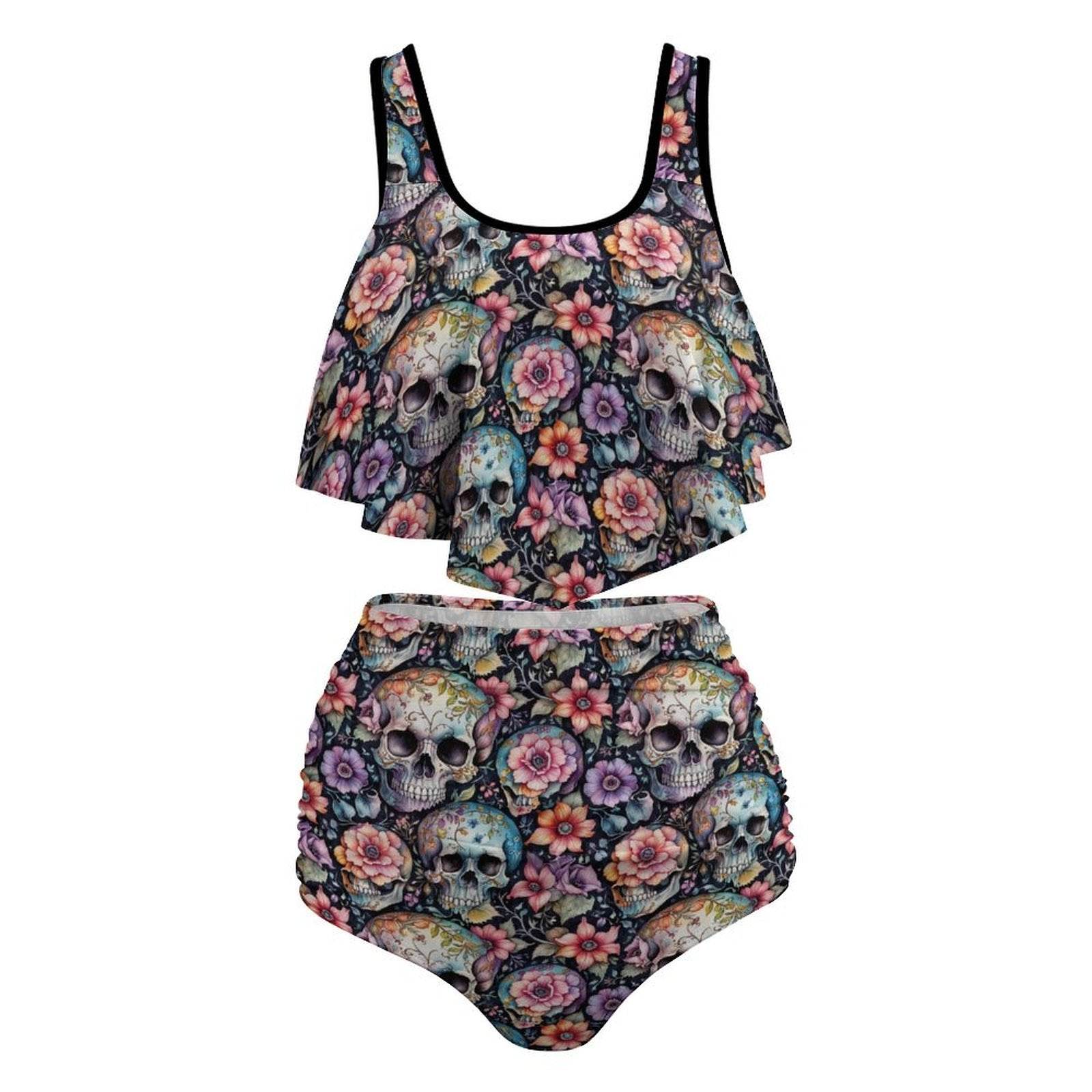 Plus Size Pastel Floral and Skulls Two-piece Swimsuit - DeRose Seasonal