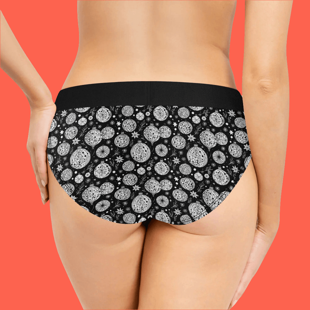Women's Mid Waisted Black and White Christmas Ornament Briefs - DeRose Seasonal