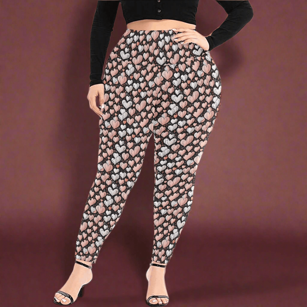 Pink Hearts Women's Plus Size High Waited Leggings Women's High Waist Leggings(Plus Size)(ModelL45) - DeRose Seasonal