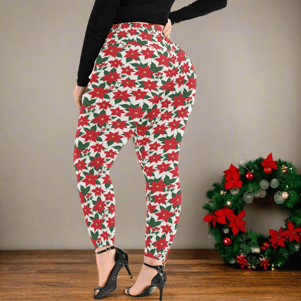 Poinsettia Flora Women's Plus Size High Waited Leggings Women's High Waist Leggings(Plus Size)(ModelL45) - DeRose Seasonal