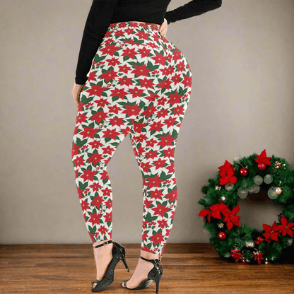 Poinsettia Flora Women's Plus Size High Waited Leggings Women's High Waist Leggings(Plus Size)(ModelL45) - DeRose Seasonal