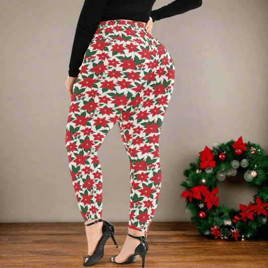 Poinsettia Flora Women's Plus Size High Waited Leggings Women's High Waist Leggings(Plus Size)(ModelL45) - DeRose Seasonal