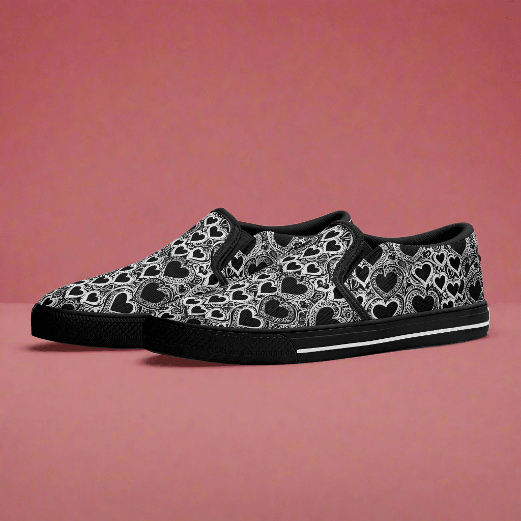 Women's Black and White Groovy Hearts Rubber Slip On Shoes - DeRose Seasonal