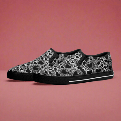 Women's Black and White Groovy Hearts Rubber Slip On Shoes - DeRose Seasonal