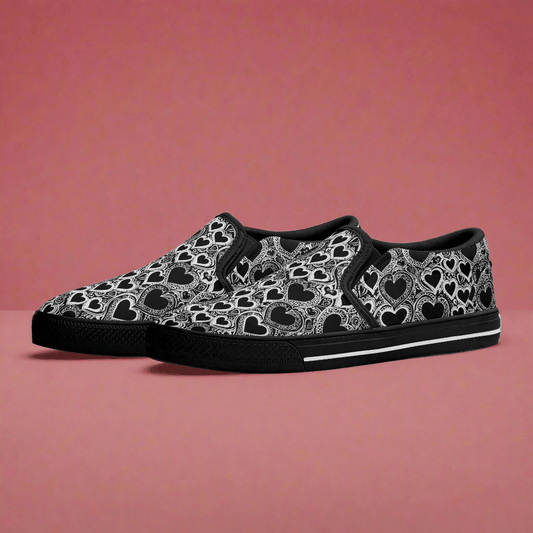 Women's Black and White Groovy Hearts Rubber Slip On Shoes - DeRose Seasonal