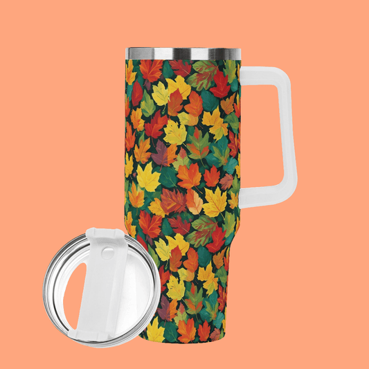 Colorful Leaves 40oz Stainless Steel Tumbler Gift With White Handle and Straw - DeRose Seasonal