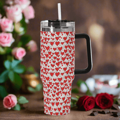 Scribbled Hearts 40oz Stainless Steel Tumbler Gift With Black Handle and Straw - DeRose Seasonal
