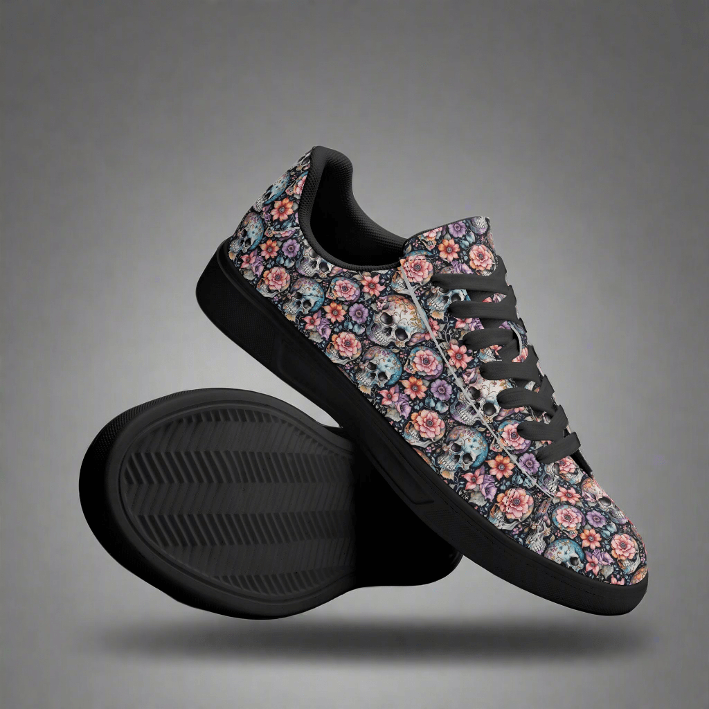 Pastel Floral and Skulls Adult Lightweight Brand Low Top Leather Shoes - DeRose Seasonal