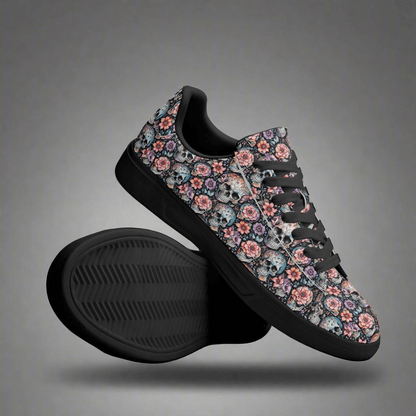 Pastel Floral and Skulls Adult Lightweight Brand Low Top Leather Shoes - DeRose Seasonal