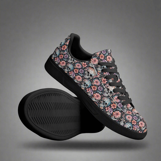 Pastel Floral and Skulls Adult Lightweight Brand Low Top Leather Shoes - DeRose Seasonal
