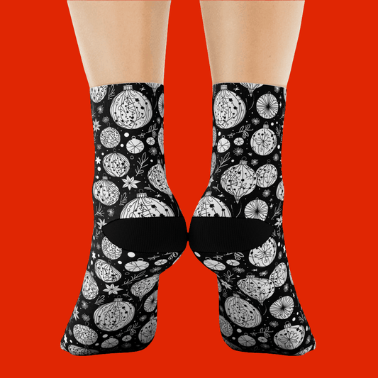Black and White Ornament Polyester Christmas Crew Socks 3 sizes - DeRose Seasonal