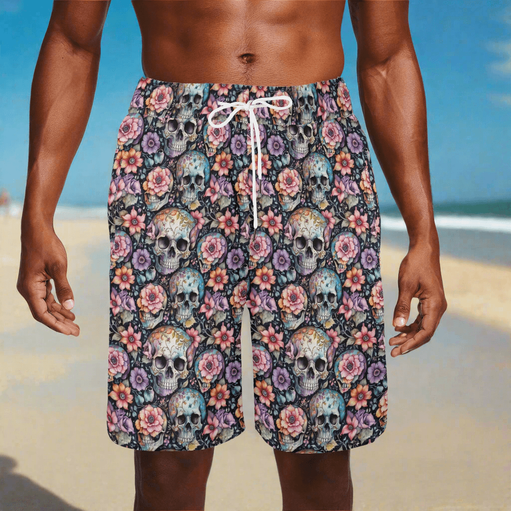 Men's pastel Floral and Skulls Mesh Shorts Sea Life Swim Trunks - DeRose Seasonal