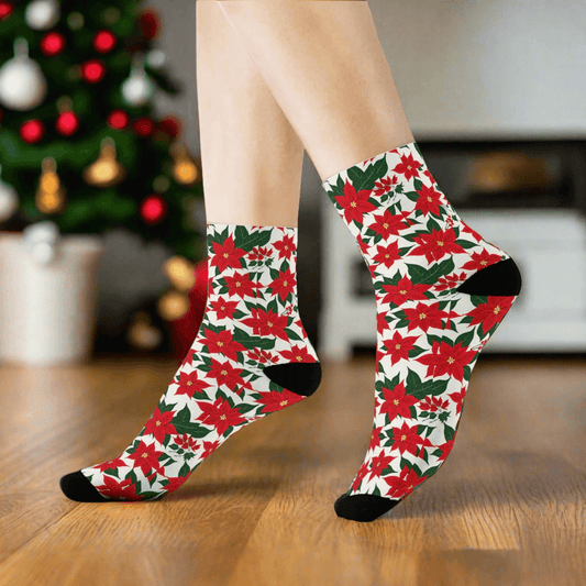 Poinsettia Floral Polyester Christmas Crew Socks 3 sizes - DeRose Seasonal