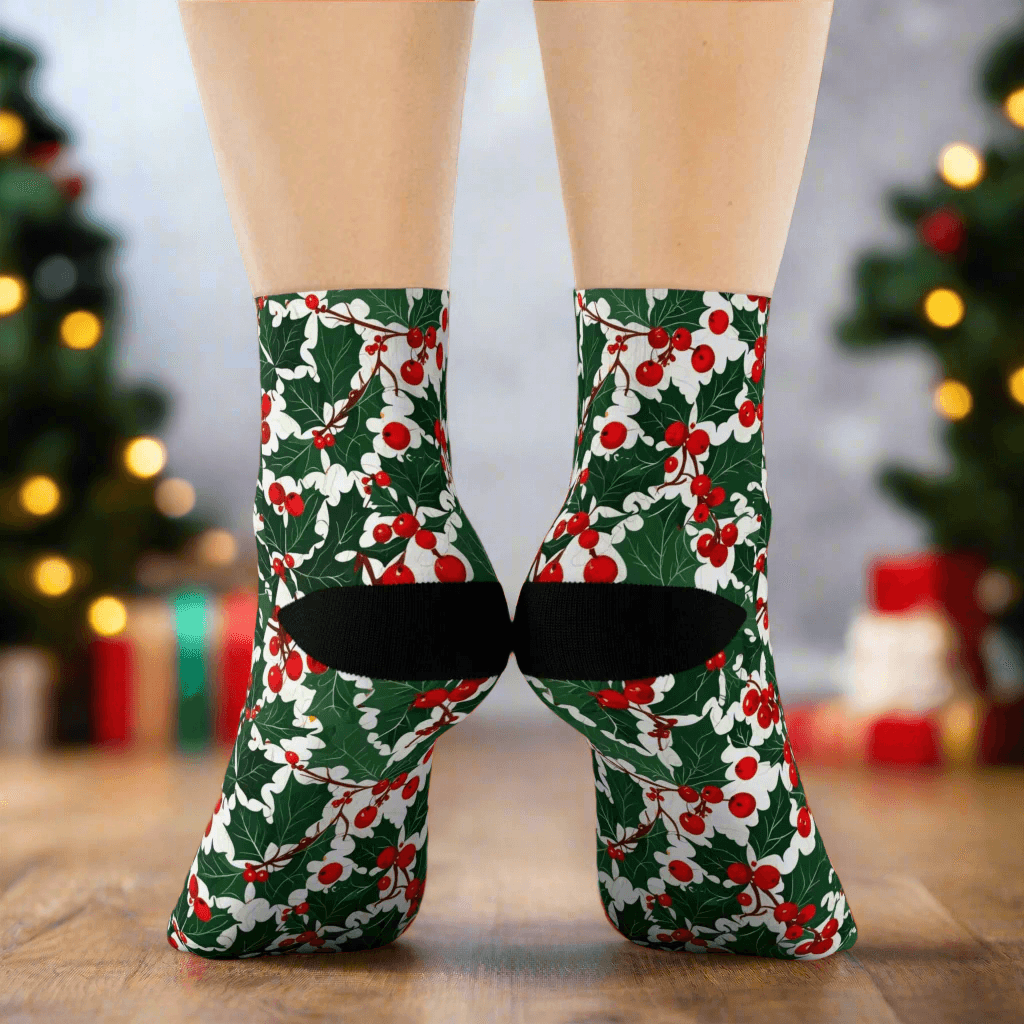 Christmas Holly Polyester Crew Socks 3 sizes - DeRose Seasonal