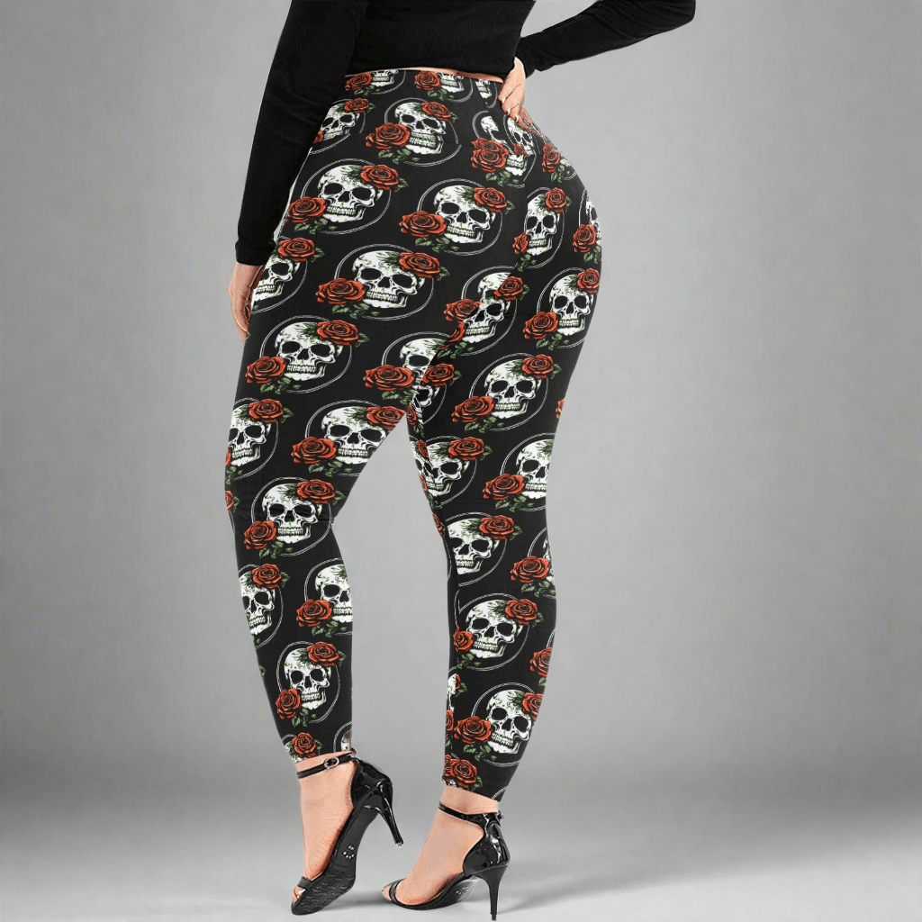 DeathDrip Skull and Rose Women's Plus Size High Waited Leggings Women's High Waist Leggings(Plus Size)(ModelL45) - DeRose Seasonal