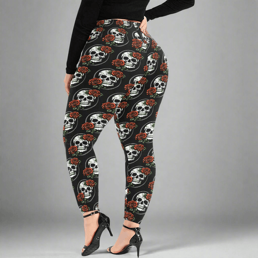 DeathDrip Skull and Rose Women's Plus Size High Waited Leggings Women's High Waist Leggings(Plus Size)(ModelL45) - DeRose Seasonal