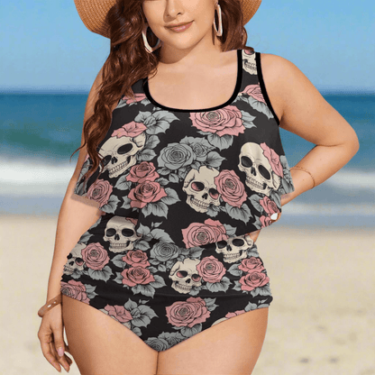 Plus Size Skull and Pink Rose Two-piece Swimsuit - DeRose Seasonal