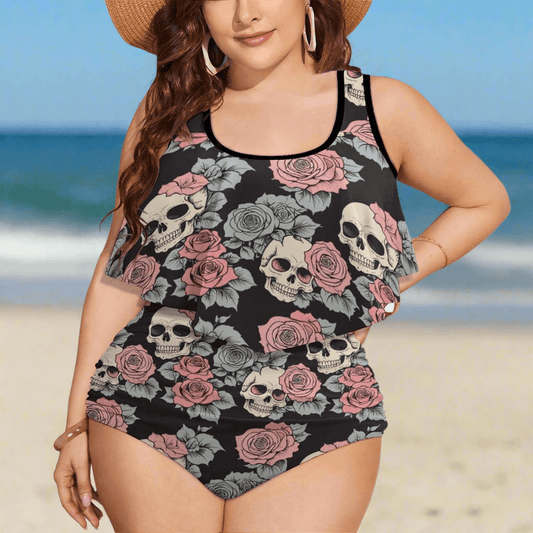 Plus Size Skull and Pink Rose Two-piece Swimsuit - DeRose Seasonal