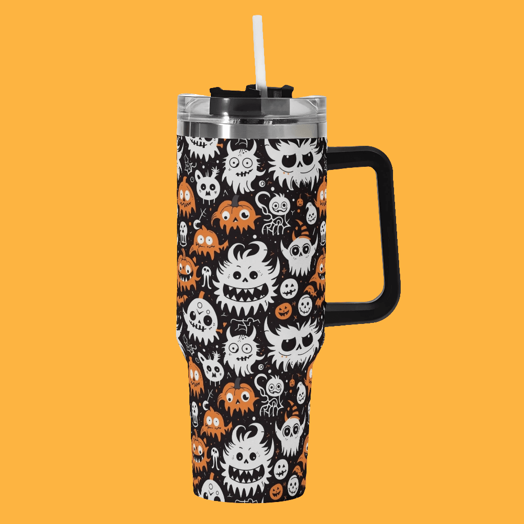 Cute Monster 40oz Stainless Steel Tumbler Gift With Black Handle and Straw - DeRose Seasonal