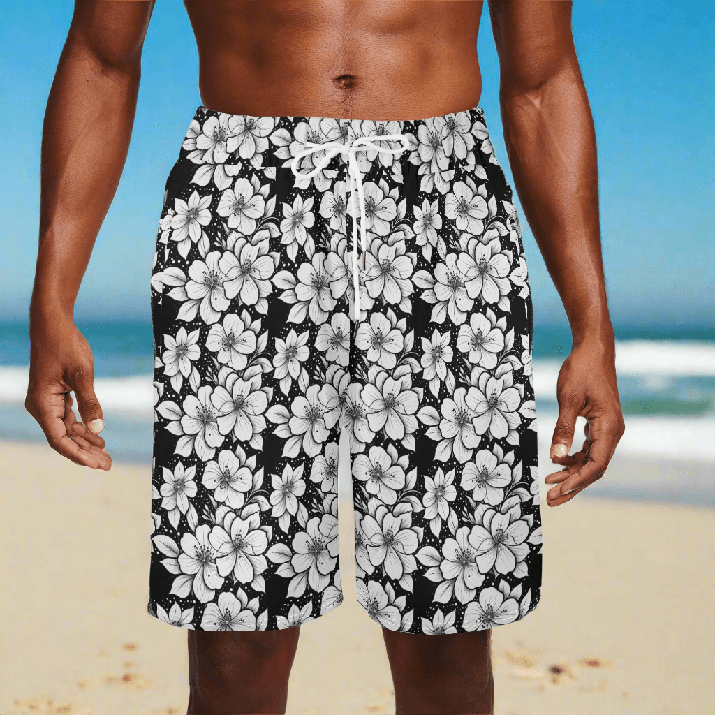 Men's Black and White Floral Mesh Shorts Sea Life Swim Trunks - DeRose Seasonal
