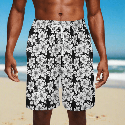 Men's Black and White Floral Mesh Shorts Sea Life Swim Trunks - DeRose Seasonal