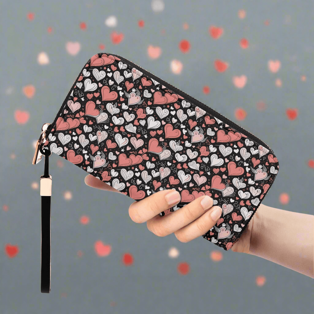 Red Hearts Leather Women's Zipper Wristlet Wallet - DeRose Seasonal