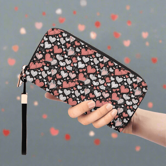 Red Hearts Leather Women's Zipper Wristlet Wallet - DeRose Seasonal
