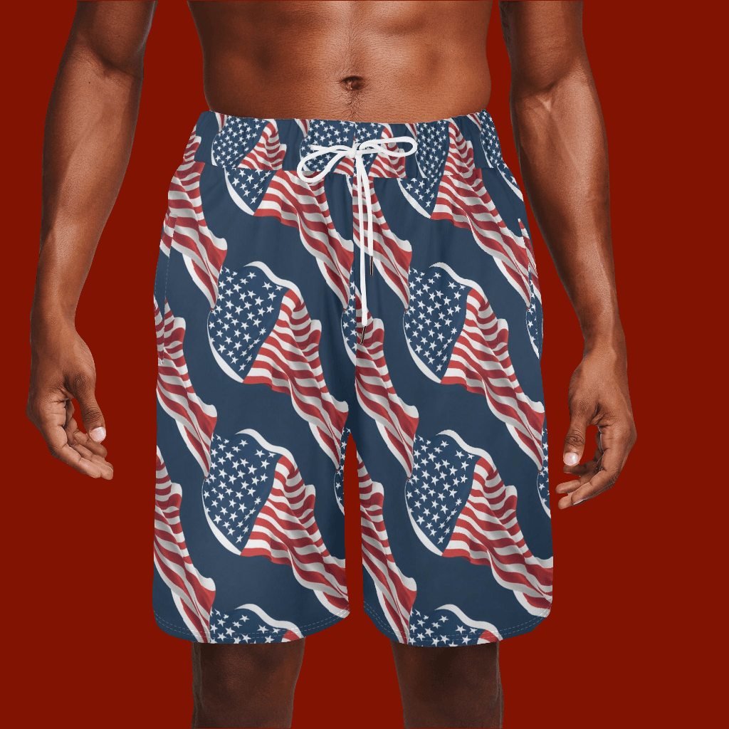 Men's Wavy Flag USA Mesh Shorts Sea Life Swim Trunks - DeRose Seasonal