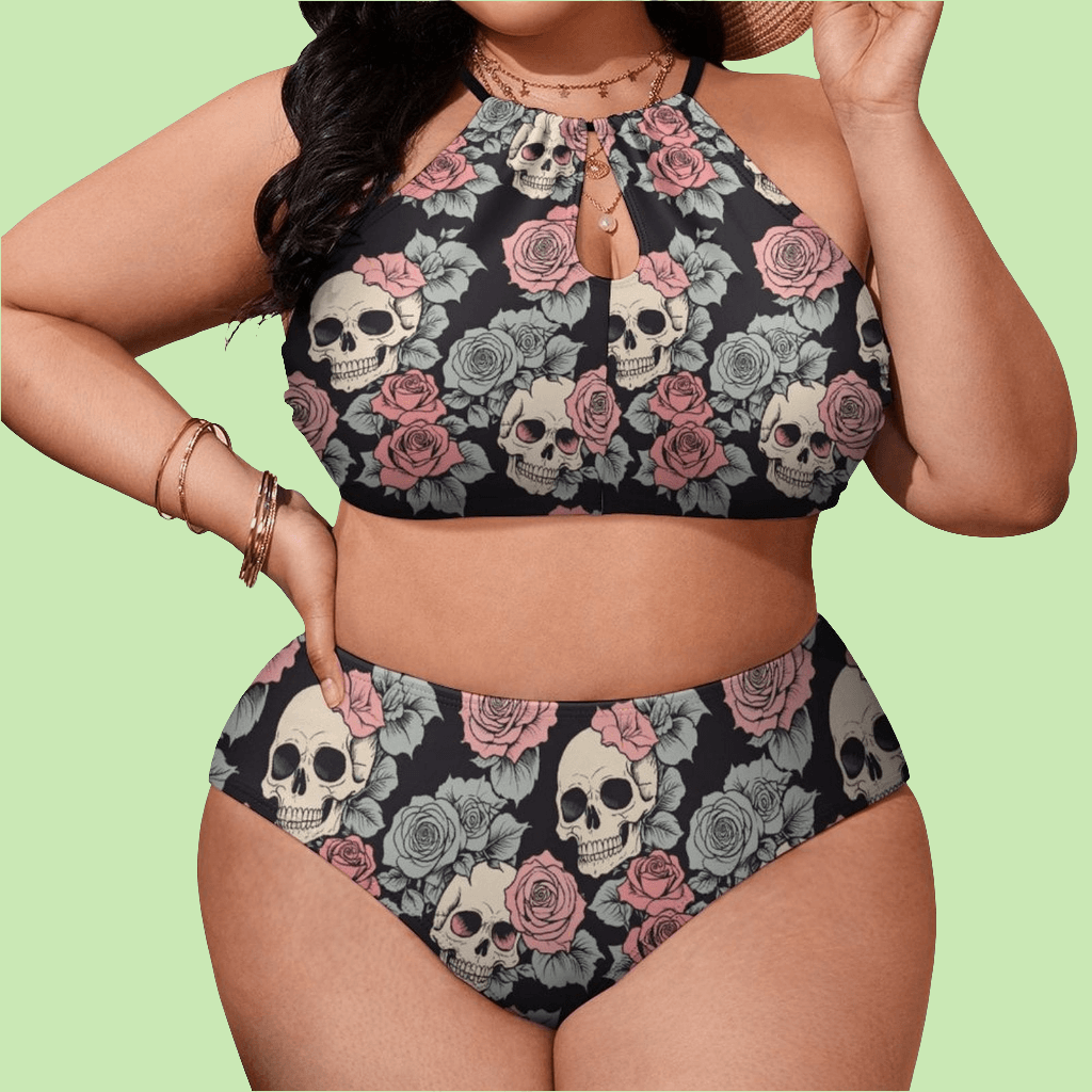 Plus Size Skull and Pink Rose Two-piece Swimsuit - DeRose Seasonal