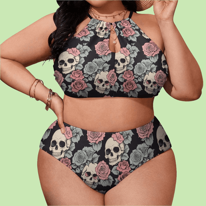 Plus Size Skull and Pink Rose Two-piece Swimsuit - DeRose Seasonal
