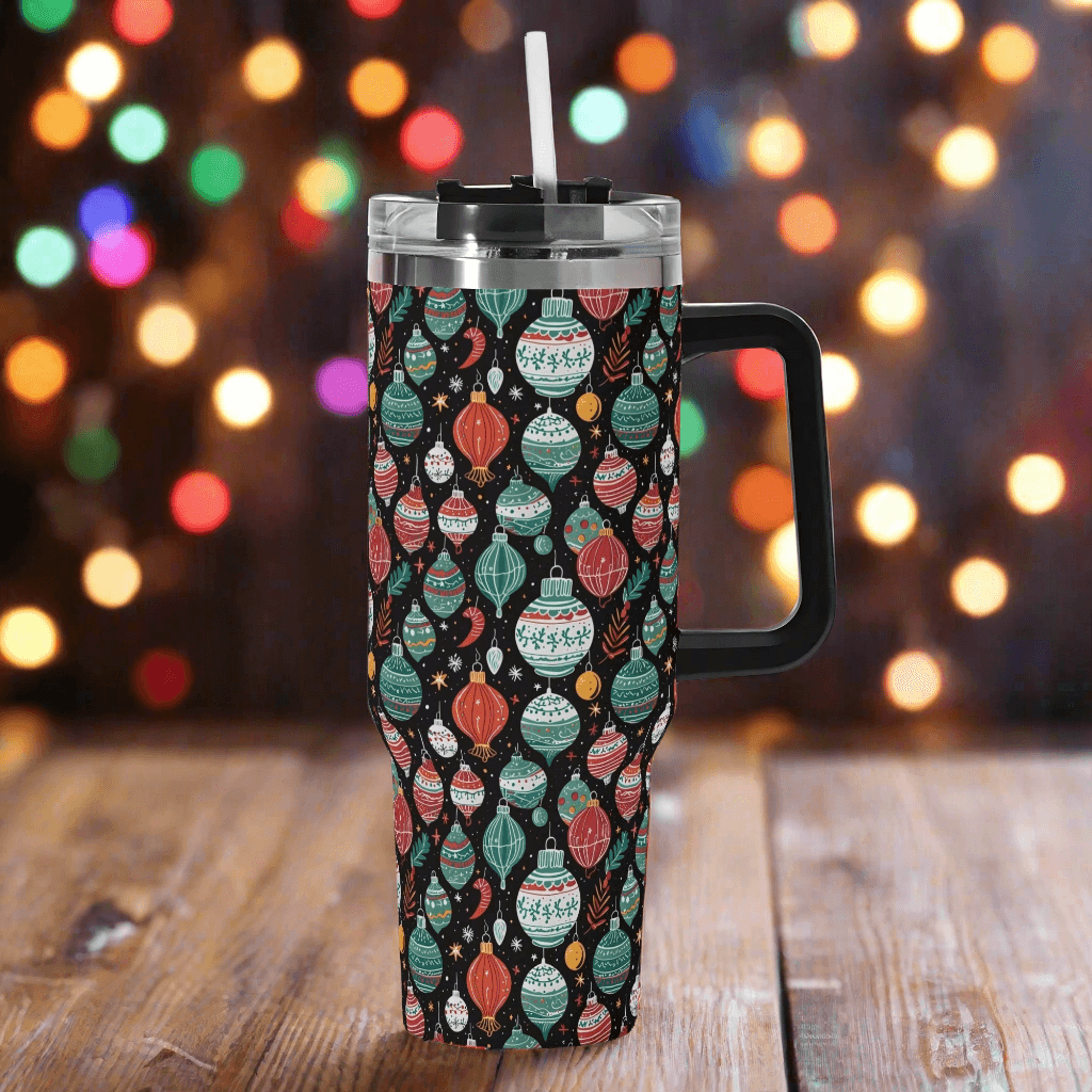 Big Ornament 40oz Stainless Steel Tumbler Gift With Black Handle and Straw - DeRose Seasonal