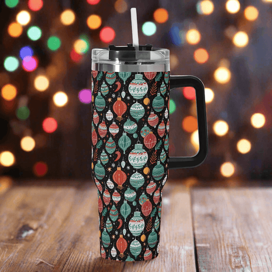 Big Ornament 40oz Stainless Steel Tumbler Gift With Black Handle and Straw - DeRose Seasonal