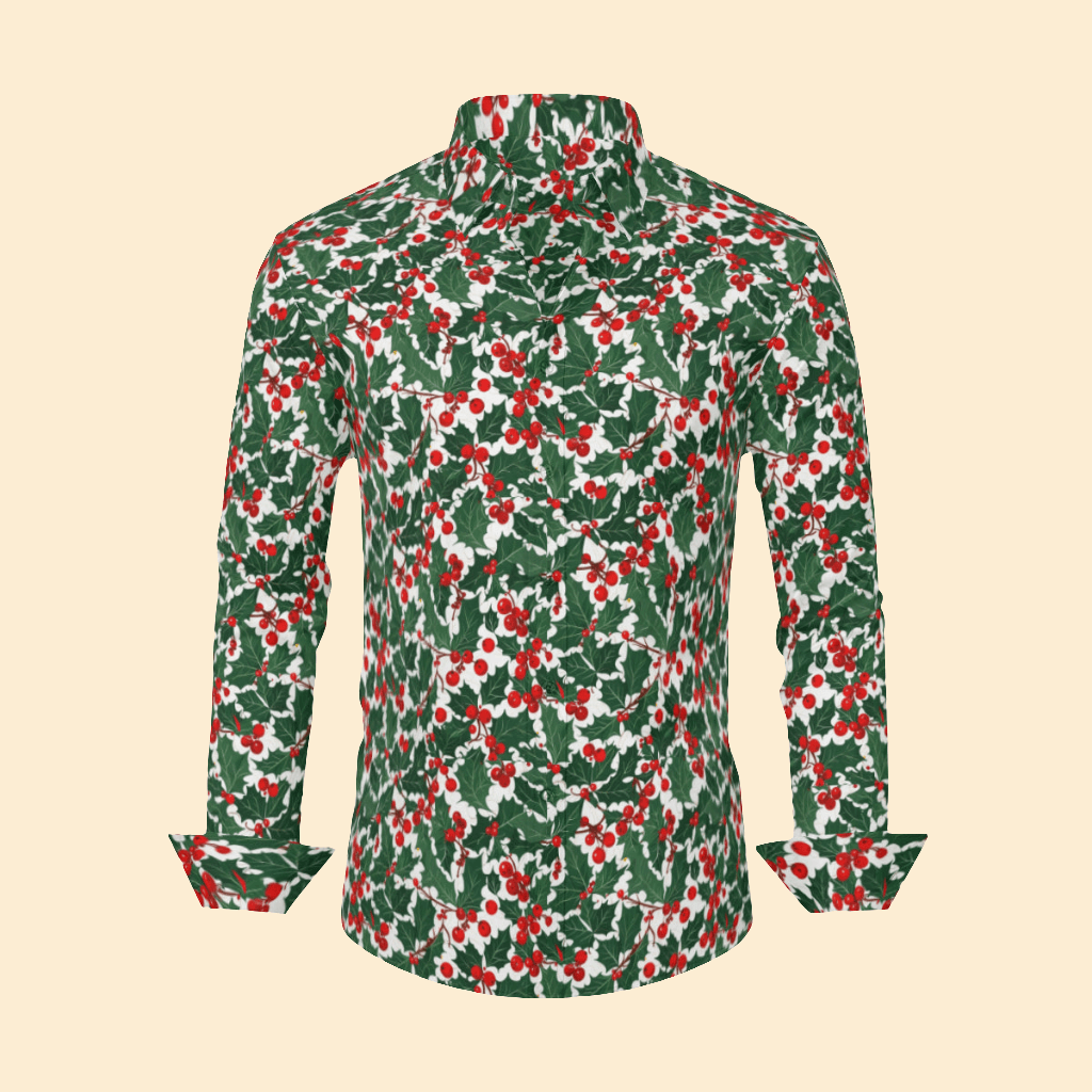 Christmas Holly Men's Classic Long-Sleeved Button up Polyester Dress Shirt - DeRose Seasonal
