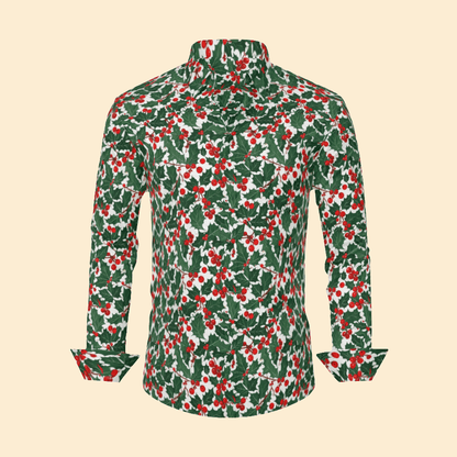 Christmas Holly Men's Classic Long-Sleeved Button up Polyester Dress Shirt - DeRose Seasonal