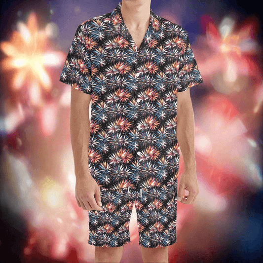 Men's Regular Fit Freedom Fireworks Hawaiian Short Sleeve Shirt and Shorts Set - DeRose Seasonal
