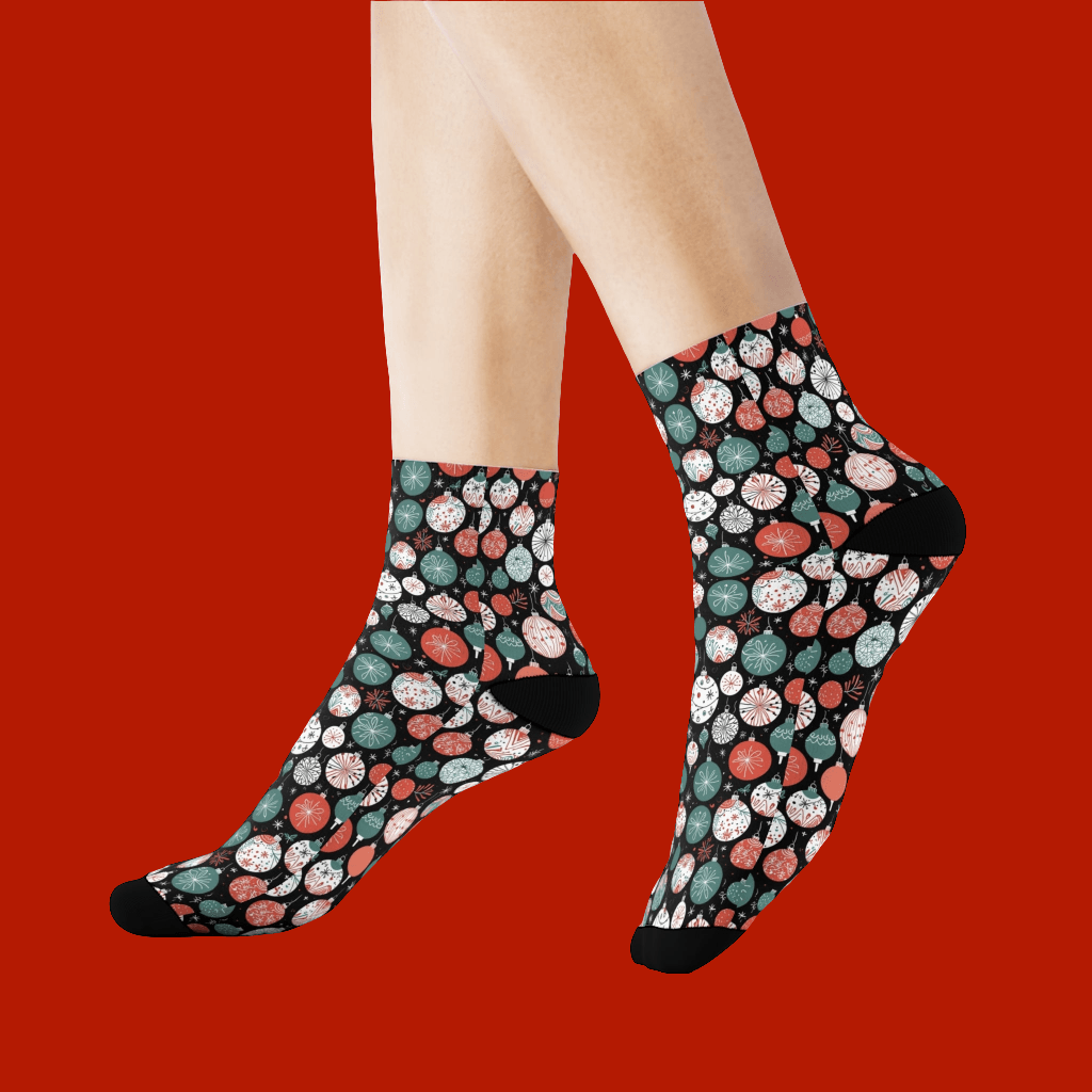 Colorful Ornaments Polyester Christmas Crew Socks 3 sizes - DeRose Seasonal