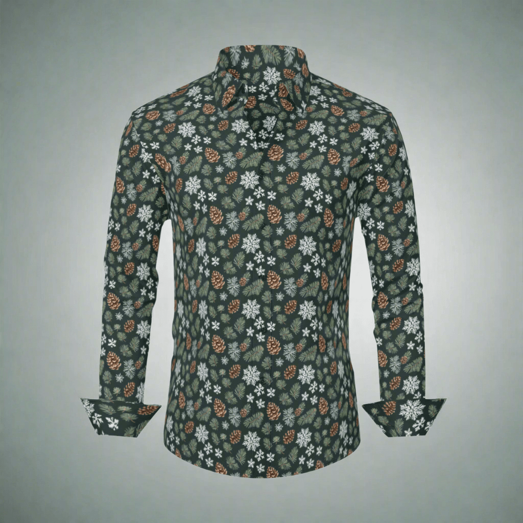 Snowflake Pine Men's Classic Long-Sleeved Button up Polyester Dress Shirt - DeRose Seasonal