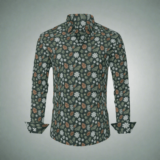 Snowflake Pine Men's Classic Long-Sleeved Button up Polyester Dress Shirt - DeRose Seasonal