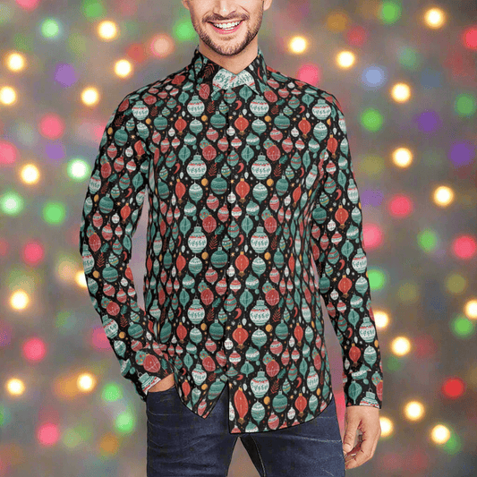 Big Ornament Men's Classic Long-Sleeved Button up Polyester Dress Shirt - DeRose Seasonal