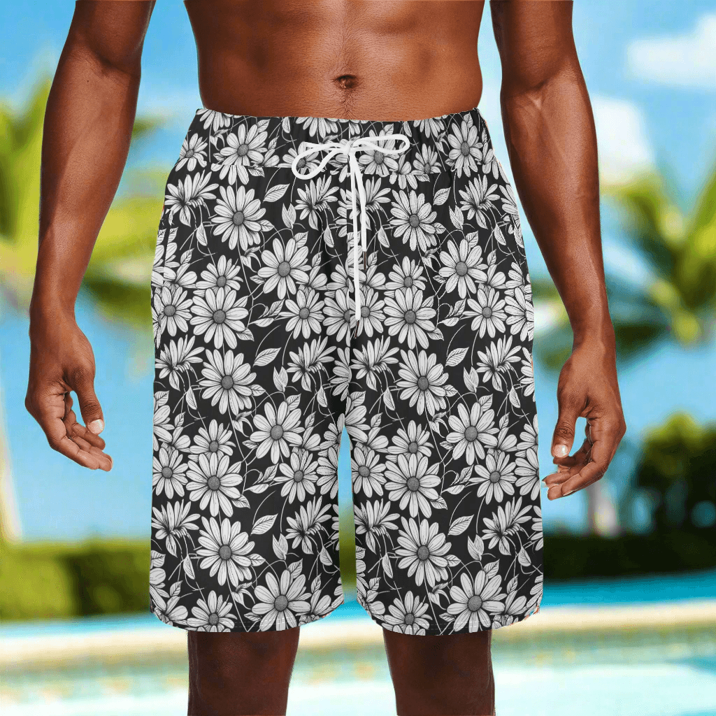 Men's Black and White Daisy Mesh Shorts Sea Life Swim Trunks - DeRose Seasonal