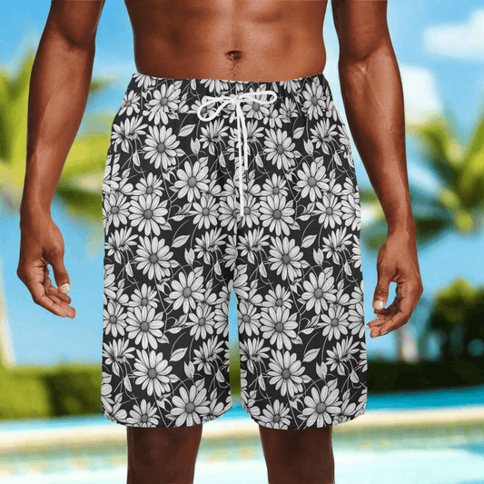 Men's Black and White Daisy Mesh Shorts Sea Life Swim Trunks - DeRose Seasonal