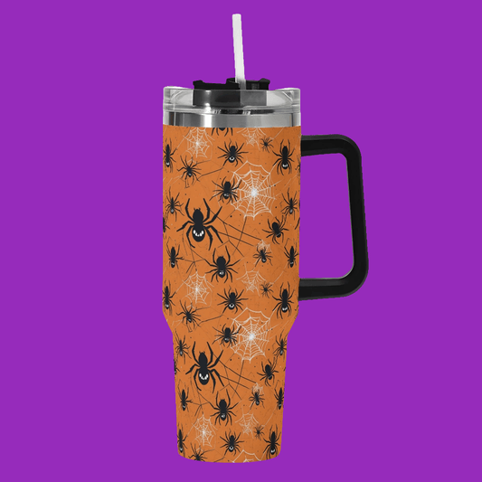Cute Spiders Orange 40oz Stainless Steel Tumbler Gift With Black Handle and Straw - DeRose Seasonal